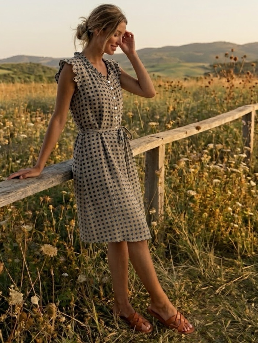 Rosemarine Made in Italy 100% Linen Polka Dot Belted Dress Size Medium Vacation
